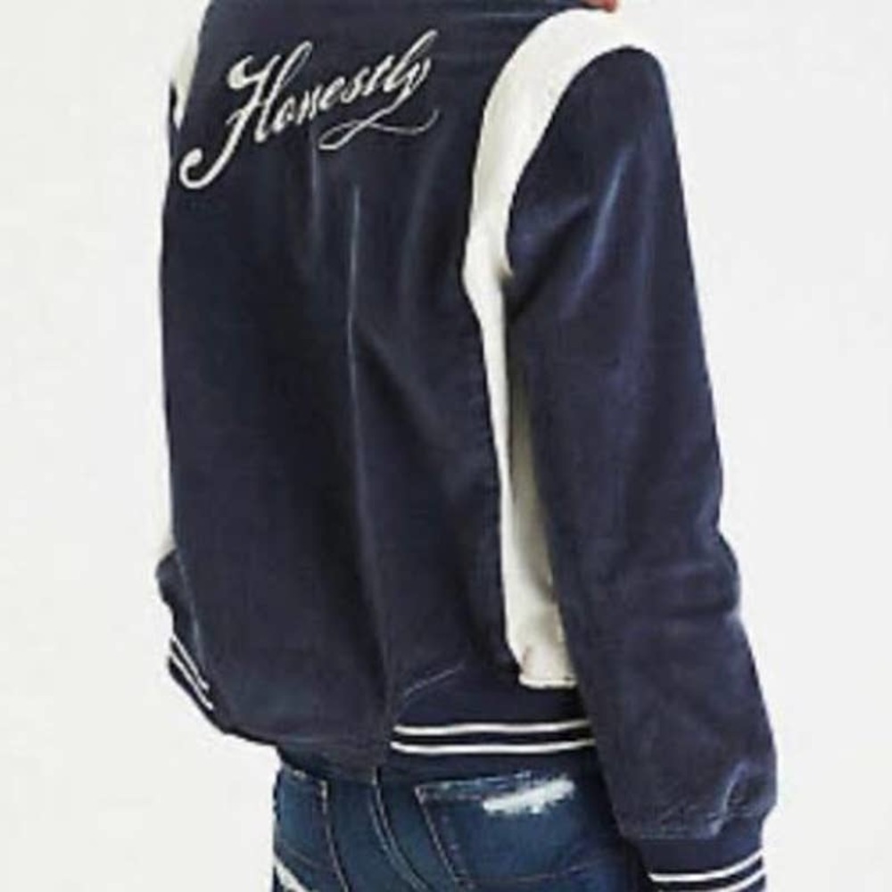 American Eagle Blue Velvet Varsity Bomber Jacket